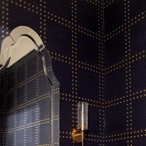 Philip Jeffery Wallpaper, Phillip Jeffries Rivets Wallpaper, Timeless Powder Room, Powder Bathroom Wallpaper, Philip Jeffries Wallpaper, Modern Antebellum, Phillip Jeffries Wallpaper, Bar Lounge Room, Tower Falling