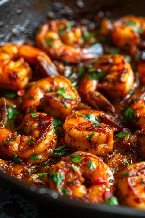 Spicy garlic shrimp garnished with chopped herbs in a skillet. Spicy Shrimp And Rice Recipes, Thai Basil Shrimp Recipes, Spicy Garlic Butter Shrimp, Drunken Shrimp Recipe, Spicy Shrimp Pasta, Spicy Garlic Shrimp, Spicy Shrimp Recipes, Cajun Shrimp Recipes, Spicy Seafood Recipes