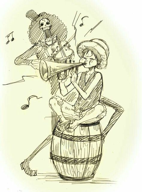 Brook, Luffy, playing, violin, trumpet, funny; One Piece Brooks One Piece, Playing Violin, Learn Violin, Japon Illustration, One Piece Drawing, One Piece Luffy, Anime Drawings Tutorials, One Piece Manga, Anime Character Drawing