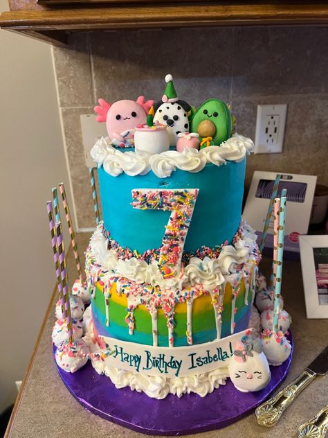 Birthday Theme For 7 Year Girl, 7th Birthday Girl Ideas, Squishmallow Cake, 7th Birthday Cake, Seventh Birthday, 7th Birthday Cakes, Girls Birthday Party Themes, Cake Party, Cake Business