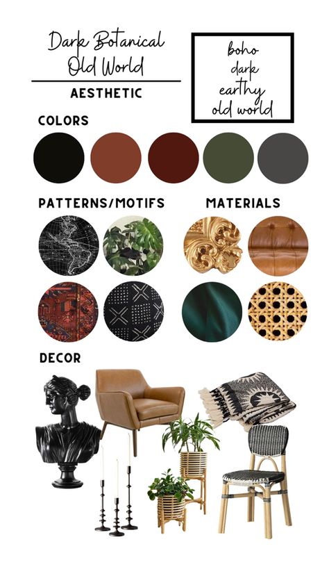 Dark Green Walls Black Furniture, Dark Botanical Interior Design, Wood And Black Color Palette, Dark Academia Bedroom Color Palette, Boho Apothecary Decor, Black Green Orange Living Room, Dark Boho House Aesthetic, Dark Maximalism Color Palette, Botanical Old World Aesthetic