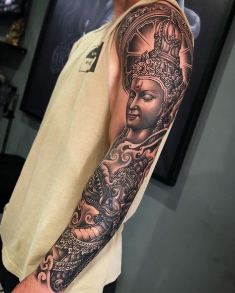 Buddah Sleeve Tattoo, Buddhist Tattoo Sleeve, Buddha Tattoo Sleeve, Balinese Tattoo, Name Tattoo Ideas, Hindu Tattoos, Khmer Tattoo, Buddhist Tattoo, Buddha Tattoo Design