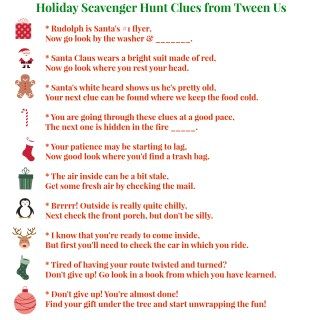 56 Printable Christmas scavenger hunt clues - Between Us Parents Christmas Scavenger Hunt, Treasure Hunt Clues, Scavenger Hunt Clues, Scavenger Hunt For Kids, Christmas Party Games, Christmas Games, Christmas Activities, Christmas Morning, Scavenger Hunt