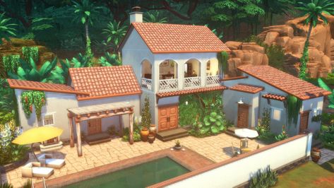 Spanish FincaAnother vacation house made for Selvadorada. 30x20 Lot Comes with an open kitchen/ dining and living room, 2 bedrooms, 2 bathrooms and a lovely patio with pool. Cc free, available on the... Sims Spanish Villa, Spanish Villa Sims 4, Sims Spanish House, Sims Vacation House, Sims 4 Spanish House, Sims 4 Vacation House, Open Kitchen Dining And Living Room, Spanish Finca, Patio With Pool