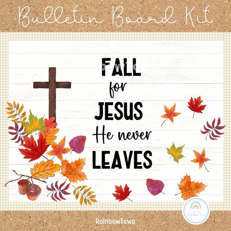 Fall for Jesus He Never Leaves Christian Bulletin Board Set  What's included : > Board banner > Board border > Board decor (2 Sizes) > PDF format file > 2 saying options  Instructions for use : > Easy print on 8.5" x 11" (US Letter) or A4 > Colors may vary depending on the devices and printers Fall Christian Door Decorations, October Christian Bulletin Boards, New Year Church Bulletin Board Ideas, Fall Church Bulletin Boards Autumn, Fall Bulletin Board Ideas For Church, Fall Christian Bulletin Boards, Christian Fall Bulletin Board Ideas, Fall For Jesus He Never Leaves, Fall Sunday School Bulletin Boards