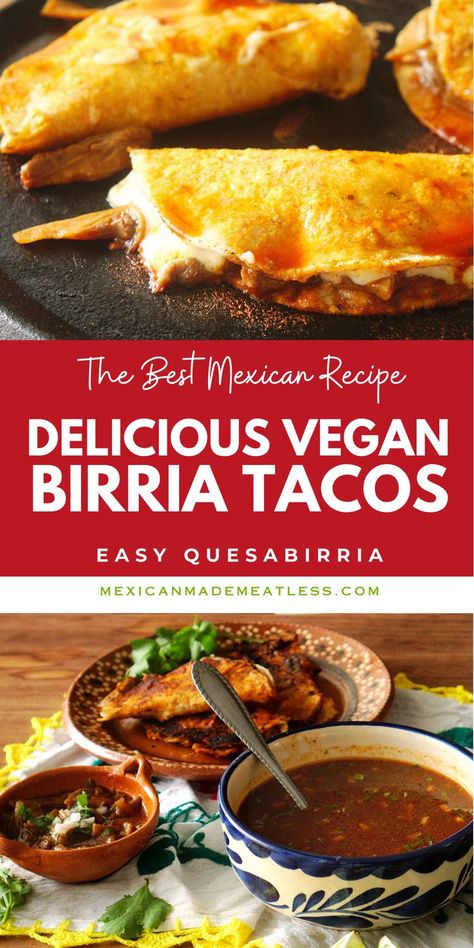 If you love the bold and authentic flavors of Mexican birria tacos but want to skip the meat, our vegetarian birria taco recipe is the perfect solution. Packed with all the same rich spices and savory goodness, these tacos are a delicious and satisfying alternative that you won't want to miss. 

So why wait? Spice up your dinner routine and give our vegetarian Mexican birria tacos a try today! Vegetarian Birria, Mexican Birria Tacos, Birria Taco Recipe, Vegan Birria Tacos, Birria Recipe, Desserts Thanksgiving, Thanksgiving Menu Ideas Side Dishes, Enchilada Casserole Recipes, Birria Tacos