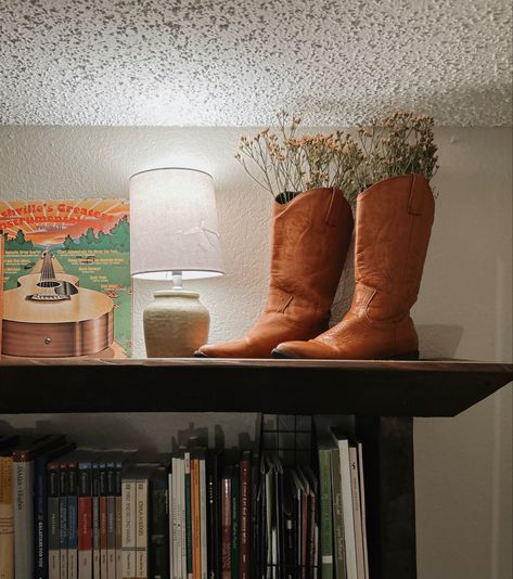 Flowers, boots, costal cowboy Costal Western Bedroom, Costal Cowboy Bedroom, Cowboy Boot Display Bedroom, Cowboy Boots Beneath Bed, Cowboy Boot Shelf, Costal Cowboy, Western Core, Cowboy Boot Throw Pillow, Hoarder House