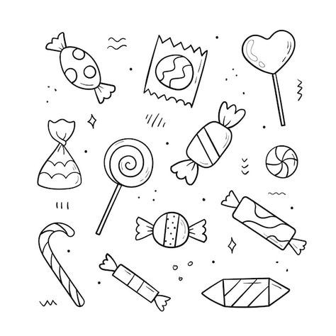 Hand drawn candy collection doodle sketc... | Premium Vector #Freepik #vector #bonbon #lollipop #sweet-candy #candy Cute Cupcake Drawing, Chocolate Drawing, Donut Drawing, Cookie Drawing, Candy Tattoo, Desserts For Kids, Doodles Bonitos, Candy Drawing, Desserts Drawing