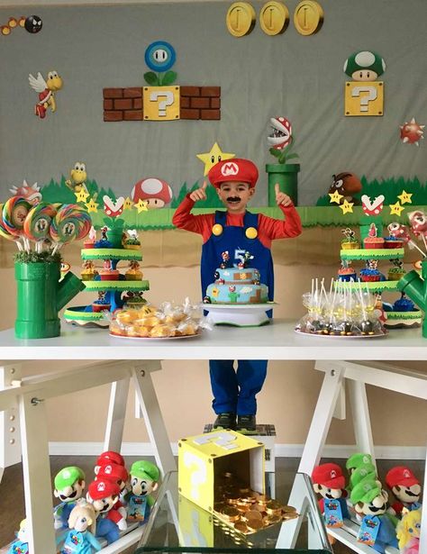 Rafael’s Super Mario 5th Birthday Party | CatchMyParty.com Super Smash Bros Party, Mario Themed Birthday Party, Luigi Birthday, Birthday Party 10, Mario Bros Birthday Party, Super Mario Bros Birthday, Mario Kart Party, Mario Bros Birthday Party Ideas, Super Mario Bros Birthday Party