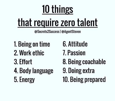 10 things that require zero talent 1. Being on time  2. Work ethics 3. Effort 3. Body language 4. Energy 5. Attitude 6. Attitude 7. Passion 8. Being Coachable 9. Doing Extra 10. Being prepared Zero Talent, Work Ethic Quotes, Memes Work, Ethics Quotes, Team Quotes, Work Motivation, Gym Memes, Work Ethic, Leadership Quotes