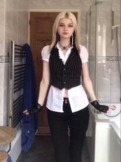 Black Vest Outfits For Women Aesthetic, Striped Waistcoat Outfit, Pin Stripe Vest Outfit, Emo Vest Outfit, Outfits With Vests Aesthetic, Black Vest Outfit Aesthetic, Black Vest Outfit Casual, Y2k Vest Outfit, Pinstripe Vest Outfit