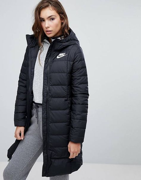 Nike Down Filled Long Padded Parka Jacket Nike Parka, Long Jacket Women, Nike Winter Jackets, Black Parka Jacket, Parker Coat, Long Hooded Jacket, Jacket Nike, Parka Women, Long Coat Jacket