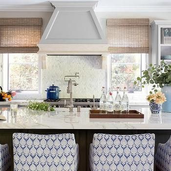 Windows Either Side Of Stove Top Design Ideas Shades With Valance, Kate Lester Interiors, White Herringbone Backsplash, Natural Woven Shades, Marble Herringbone Tile, Herringbone Tile Backsplash, Marble Herringbone, Light Gray Cabinets, Stainless Steel Stove