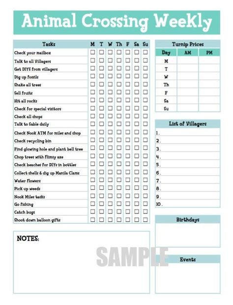 Weekly Checklist, Animal Crossing Guide, Checklist Printable, Animal Crossing Wild World, Animal Crossing Characters, Animal Crossing Villagers, Printable Checklist, New Animal Crossing, Animal Crossing Game