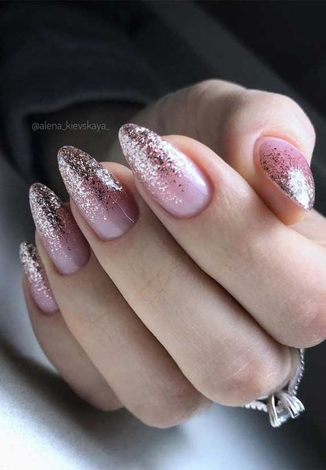 Pink Gold Ombre Nails, Ombre Nails With Glitter Tips, Pink And Silver Ombre Nails, Pink With Silver Glitter Nails, New Years Nails Oval, Rose Gold Tips Nails, Pink Nails Glitter Tips, Pink And Gold Ombre Nails, Pink Ombre Glitter Nails