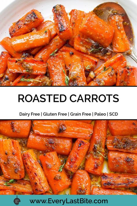 This simple Roasted Carrot side dish is easy to prepare and requires just a few ingredients that you likely already have in your kitchen. The carrots are tossed in a honey, butter, garlic and coriander sauce and roasted until tender and slightly charred and caramelized around the edges. These easy Roasted Carrots are Paleo, Grain Free, Gluten Free, Dairy Free and Specific Carbohydrate Diet Legal. Baby Carrots Side Dish, Best Roasted Carrots, Carrots Recipe Healthy, Easy Roasted Carrots, Paleo Easter, Carrot Side Dish, Coriander Sauce, Carrot Recipes Side Dishes, Gluten Free Dairy Free Dinner