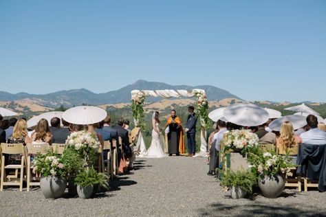 mountian view ceremony, officiant orange robe, floral archway, white summer wedding umbrellas, wedding-photos-chalk-hill-estate-healdsburg-california-08 Outdoor Winery Wedding, Umbrellas Wedding, White Summer Wedding, Wedding With A View, California Winery Wedding, Winery Wedding Venues, Wedding Umbrellas, Wedding Chalk, Winery Wedding Photos