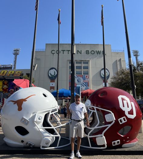 One of the owners of Heritage Pewter in this picture! This was taken at the Cotton Bowl in Dallas, the day after the annual Red River Shootout between the Texas Longhorns and the Oklahoma Sooners. Such an iconic stadium with great memories from an unforgettable rivalry! 🏟️🤘🐴 #CottonBowl #RedRiverRivalry #TexasVsOklahoma #GameDayTradition Oklahoma Dust Bowl, Red River Rivalry, University Of Texas Football, Ou Oklahoma Sooners, Oklahoma Sooners Football, Cotton Bowl, Oklahoma Sooners, The Day After, Texas Longhorns