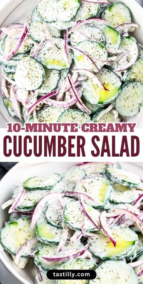 Looking for a fresh, crisp, low-calorie, and easy-to-make salad with tons of flavor? Then this Creamy Cucumber Salad is for you. With its 10-minute prep time and easy-to-find in your fridge and pantry ingredients, you might not even need a trip to the grocery store. The secret? The sweet and tangy creamy dressing! Cucumber Red Onion Salad, Greek Yogurt Salad Dressing, Quick Salad Recipes, Egg Salad Recipe Healthy, Low Calorie Salad, Salad Recipes Healthy Lunch, Salad Dressing Recipes Healthy, Creamy Cucumber Salad, Cucumbers And Onions