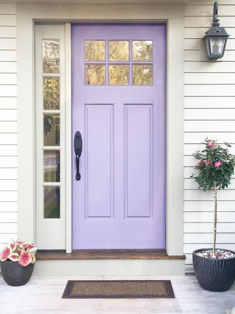 Houses With Purple Front Door, Purple House Door, Lavender Front Door Paint Colors, Purple Exterior Door, Lilac Front Door, House With Purple Door, Cream Siding, Lavender Front Door, Purple Front Door