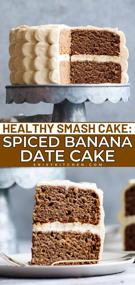 This Healthy Smashed Cake: Spiced Banana Date Cake is an easy delicious cake recipe that's gluten-free with maple cream cheese frosting. You have to try this healthy dessert recipe! Healthy First Birthday Cake, Gluten Free Cake Recipes Easy, Sugar Free Cake Recipes, Healthy Smash Cake, Maple Cream Cheese Frosting, Smash Cake Recipes, Fruit Desserts Easy, Maple Cream Cheese, Gluten Free Cake Recipe