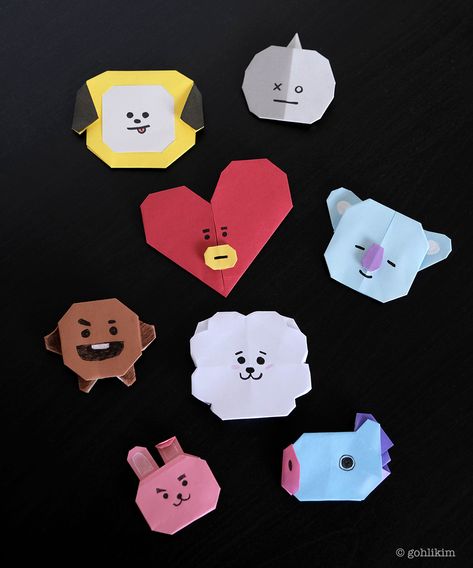 Bt21 Diy Crafts Paper, Bt21 Bookmark, Bts Crafts Ideas, Paper Toys Bt21, Origami Cute, Diy Bts, Army Crafts, Origami Tutorials, Diy Crafts Bookmarks