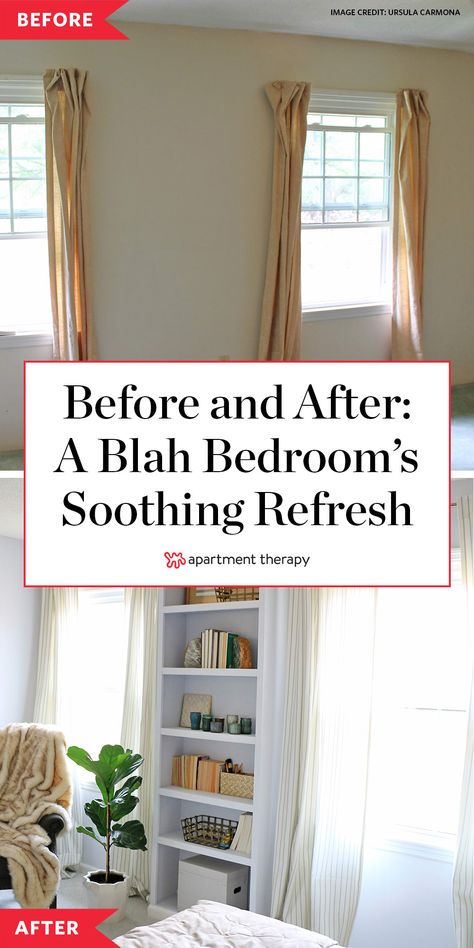 Before and After: A Blah Bedroom’s Soothing Refresh Has Ideas Starting at $10 Bedroom Before After Makeover, House Refresh Ideas, Bedroom Before And After, Bookcase In Bedroom, Before And After Room Makeover, Bedroom Makeover Before And After, Rented Apartment, Remodeling House, Gray Palette