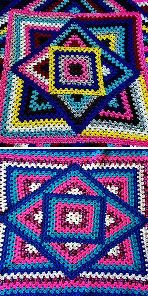 Free Crochet Patten Kaleidoscope Granny Blanket Kaleidoscope Granny Square Blanket, Crochet Kaleidoscope, Kaleidoscope Crochet Blanket, Crochet Kaleidoscope Blanket, Crochet Top Pattern Summer, Crochet Blanket Diy, Crochet Quilt Pattern, Crochet Carpet, Crochet For Beginners Blanket