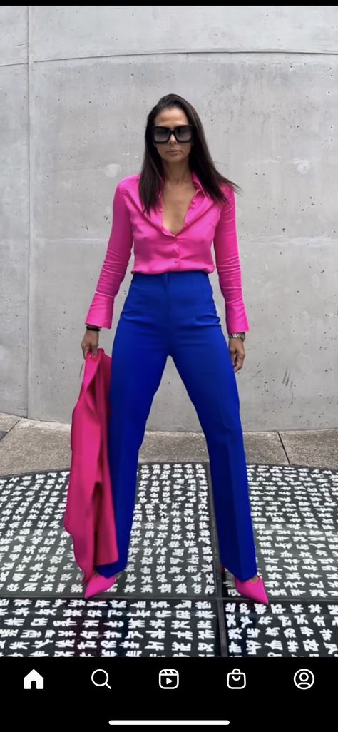 Coloured Trousers Outfit, Mint Outfits For Women, Bright Pink Trousers Outfit, Blue And Fuschia Outfit, Bright Pink Pants Outfit Work, Navy Blue And Pink Outfits For Women, Bright Office Outfits, Royal Blue Color Combinations Outfits, Fushia Pants Outfit