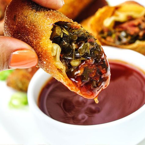 Smoked Turkey and Collard Green Eggrolls Smoked Turkey Necks, Collard Greens Recipe, Collard Green, Turkey Egg, Egg Roll Recipes, Peanut Oil, Smoked Turkey, Collard Greens, Fresh Thyme