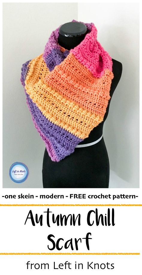 This modern and free crochet pattern uses just one skein of your favorite Caron Cakes yarn and is a breeze to work up!  The Autumn Chill collection has many coordinating pieces, so make yourself a whole set for when the cold weather hits. Caron Spice Cakes Crochet Patterns, Caron Cake Crochet Patterns, Caron Cakes Patterns, Caron Cakes Crochet, Crocheted Scarfs, Crochet Triangle Scarf, One Skein Crochet, Crochet Cowls, Caron Cakes