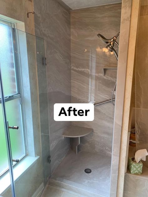 Small Beautiful remodel of a walk-in shower. installed w/ Rhyostone walls and custom floor pan. corner bench, mounted soap holder, and pull up grab bar Corner Bench, Grab Bar, Grab Bars, Soap Holder, Bath Design, Solid Surface, Walk In Shower, Pull Up, Walk In