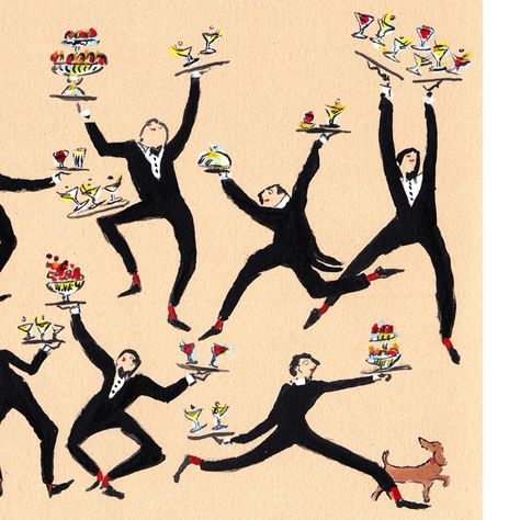 A dynamic scene of impeccably dressed waiters delightfully balancing their precious trays of cocktails and canapés. Artist Home Decor, Waiter Aesthetic, Dancing Painting, Dance Contemporary, Dancing Wedding, 60s Art, Wine Logo, Free Poster, Hippie Art