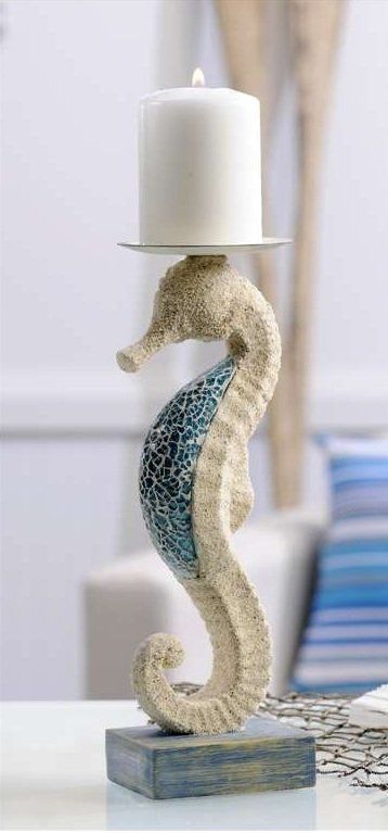 Sea Horse pillar candle holder Seahorse Sculpture, Sculpture Candle, Home Decor Coastal, Accent Art, Beachy Decor, Coastal Bedrooms, Nautical Home, Beach Crafts, Cool Ideas