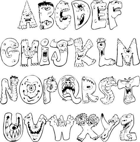 Font Art Design Alphabet, Monster Letters, Monster Alphabet, Alphabet Drawing, Graffiti Lettering Alphabet, Graffiti Art Letters, Monster Coloring Pages, Journal Fonts, Graffiti Lettering Fonts