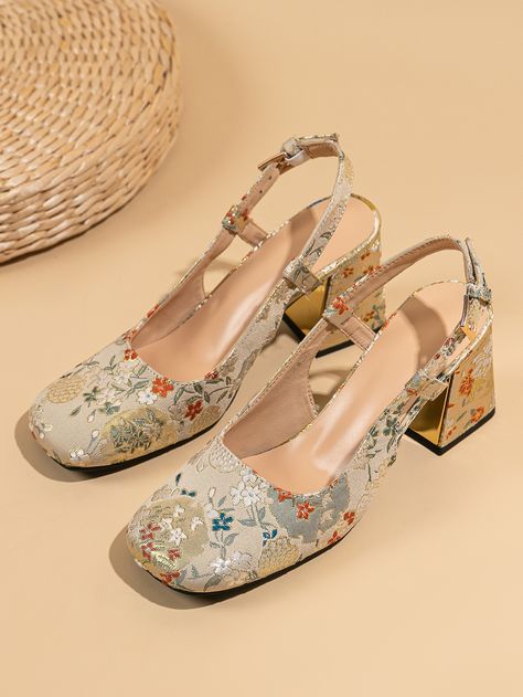 Multicolor Fashionable    Floral Slingbacks Embellished   Women Shoes Floral Block Heels, Garden Party Shoes, Chunky Heels Wedding, Floral Wedding Shoes, Cottagecore Shoes, Bridesmaid Heels, Floral Dress Shoes, Bridesmaids Heels, Graduation Shoes