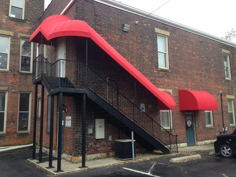 No more wet stairs for this stairway!  Custom-made stairway canopy! Commercial Awning, Stairs Canopy, Outdoor Stairs, Inside Outside, Awning, No More, Stairs, Exterior, Outdoor Decor