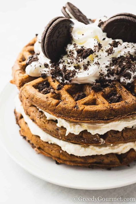 Oreo Waffles | Greedy Gourmet Waffle Recipe Crispy, Oreo Waffles, Dairy Free Waffles, Crispy Waffles, Oreo Cookie Recipes, Cocoa Powder Cookies, Waffle Maker Recipes, Fluffy Waffles, Crispy Waffle