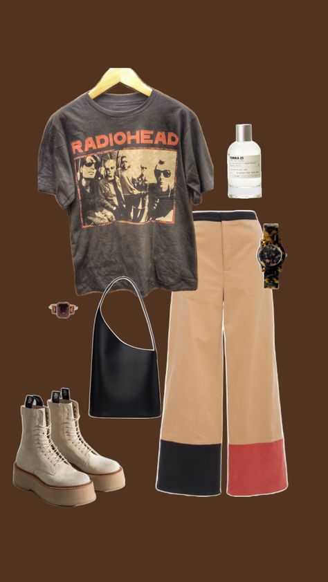 A casual outfit featuring a Radiohead band tee, high top canvas converse, wide leg tan pants with a cuff of red on one pant leg and a cuff of black on the other, a bottle of lelabo’s tonka perfume, a ring with a ruby, and a tortoise shell pattern watch Radiohead Graphic, Cards Outfit, Alt Style, Casual Outfit Inspiration, House Of Cards, Radiohead, Band Tees, Casual Outfit, Graphic Tee