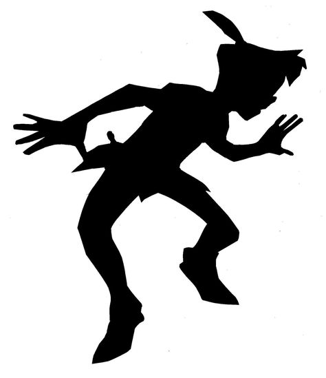 This is a template I made that can be used to project the shadow of Peter Pan with a lamp. Peter Pan Shadow, Peter Pan Silhouette, Peter Pan Party, Black And White Silhouette, Disney Silhouette, Amazing Pumpkin Carving, Disney Silhouettes, Tinkerbell Party, Disney Rooms