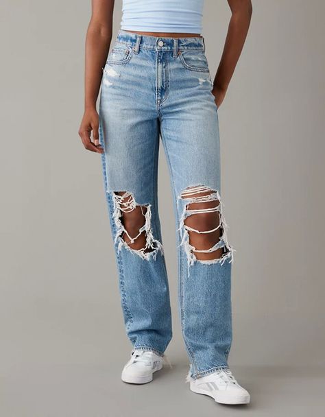 AE Strigid Ripped Highest Waist Baggy Straight Jean Baggy Ripped Jeans Outfit, Ripped Baggy Jeans, Baggy Ripped Jeans, Cute Ripped Jeans, Ripped Jeans Outfit, Fest Outfits, Trendy Outfits For Teens, Cute Preppy Outfits, Cute Jeans