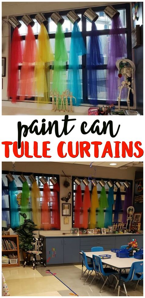 Pouring Paint Can Tulle Curtains- cute art classroom window decorations. School room decor. Colorful rainbow colors. Tutorial Art Room Curtains, Color Wall Classroom, Discovery Preschool Classroom, Class Decoration Ideas Art Rooms, Color Display Classroom, Paint Can Window Display, Art Class Decoration Ideas, Art Room Flooring, Color Theme Preschool Classroom Decor