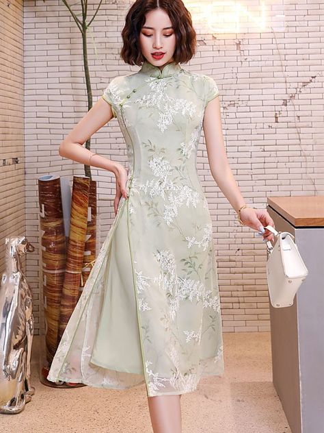 Floral A-Line Midi Modern Cheongsam / Qipao Dress Chinese Dresses Modern, Cheongsam Modern Wedding, Cheongsam Modern Dress, Formal Qipao, Chinese Qipao Modern, Qipao Dress Modern Chinese Style, Chinese Inspired Dress, Chinese Dress Outfit, Chinese Dress Qipao Modern Cheongsam Wedding