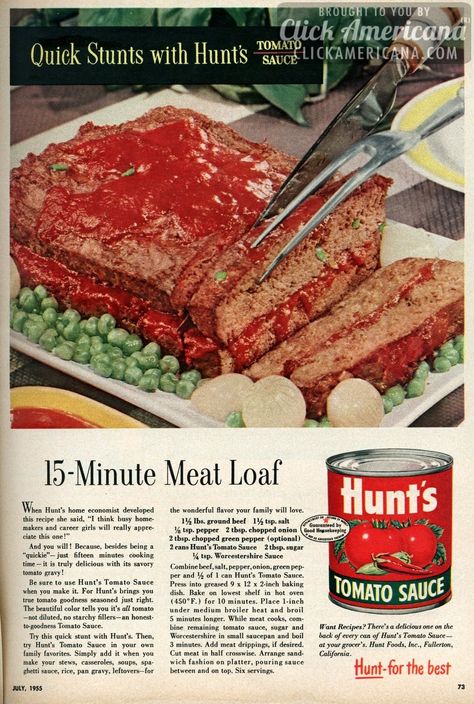 Quick stunts with Hunt’s Tomato Sauce 15-Minute Meat Loaf When Hunt’s home economist developed this recipe she said, “I think busy homemakers and career girls will really appreciate this one!” And you will! Because, besides being a “quickie” — just fifteen minutes cooking time – it is truly delicious with its savory tomato gravy! Be … Hunts Meatloaf Recipe, Betty Crocker Meatloaf Recipe, Quick Meatloaf, Quick Meatloaf Recipes, Traditional Meatloaf Recipes, 1950s Food, Traditional Meatloaf, Vintage Menu, Handwritten Recipes