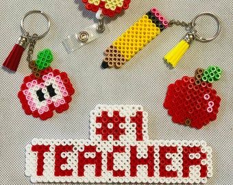 Hama Beads Teacher Gifts, Perler Beads For Teachers, Perler Magnet Ideas, Perler Bead Teacher Gift, Teacher Perler Bead Patterns, Teacher Perler Beads, School Perler Beads, Perler Keychain Ideas, Perler Bead Keychain Ideas