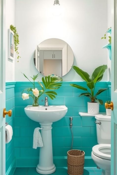 Small, bright bathroom with turquoise tiles, a pedestal sink, round mirror, and potted plants. Interior Paint Ideas, Interior Paint Color Palette, Interior Paint Color, Interior Painting Ideas, Top Paint Colors, Dream Interior, Tøp Wallpaper, Trending Paint Colors, Playful Decor