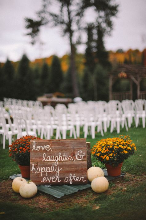 Outdoor Fall Wedding Ceremony, love the sign, the mums, and the ghost pumpkins! Fall Ceremony, Fall Wedding Ceremony, Outdoor Fall Wedding, Rustic Fall Wedding, Fall Wedding Decorations, Wedding Rustic, Mod Wedding, Rustic Chic Wedding, Fall Outdoor