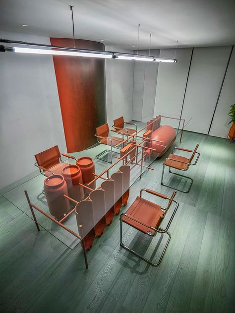 waterfrom design repurposes gas cylinders to create industrial office in taiwan Industrial Office Table, Office Meeting Room, Traditional Office, Professional Office, Timber Flooring, Office Table, Office Interior Design, Meeting Room, 인테리어 디자인