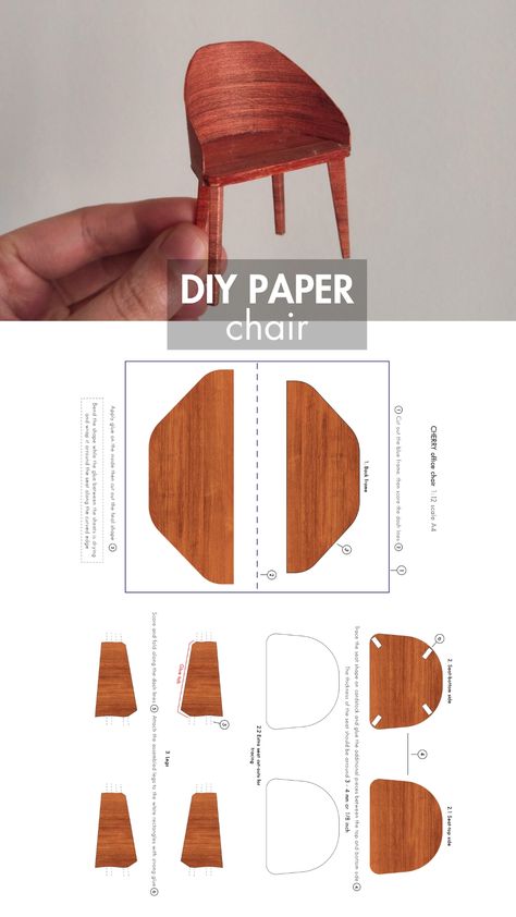 Craft your own miniature modern chair with this printable PDF template. Explore simple printables for easy paper crafting. Miniature Chair Template, Mini Chair Diy, Dollhouse Furniture Templates, Miniature Printables Templates, Reka Bentuk Industri, Mini Crafts Diy, Easy Diy Miniatures, Miniature Templates, Diy Miniature Furniture