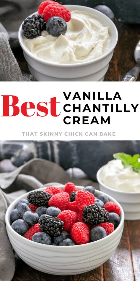 Vanilla Bean Chantilly Cream - A sweet French vanilla whipped cream that's a delicious topping for berries, coffee, and desserts. Vanilla Bean Mousse, Best Frosting Recipe, Cream Filling Recipe, French Vanilla Cake, Vanilla Bean Cakes, Chantilly Cream, Sweet Dips, Berry Dessert, Vanilla Whipped Cream